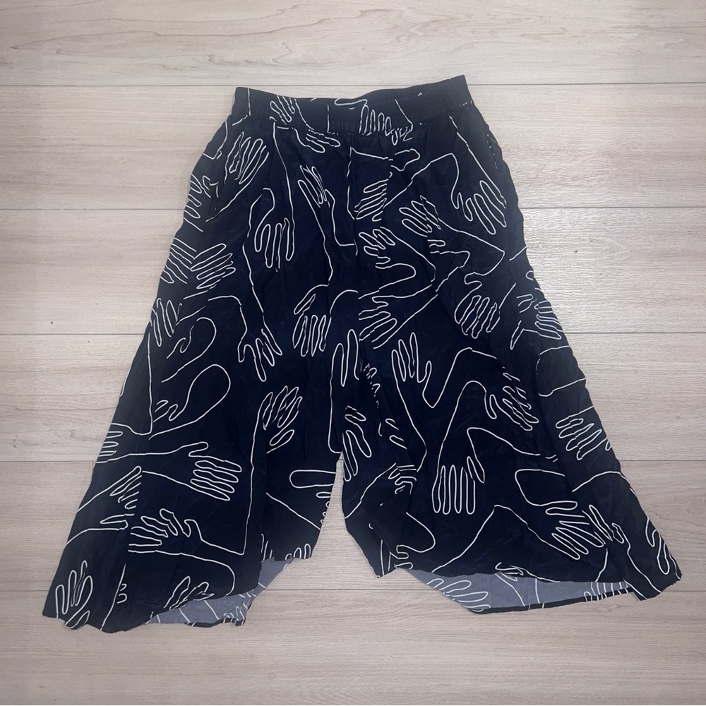 ELK Black Hand Print Soft Viscose High Waist Wide Leg Flowy Culottes Pants S/M